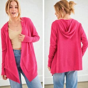 Pink Fuchsia Thermal Hooded Open Front Cardigan with Pockets 2X NWT
